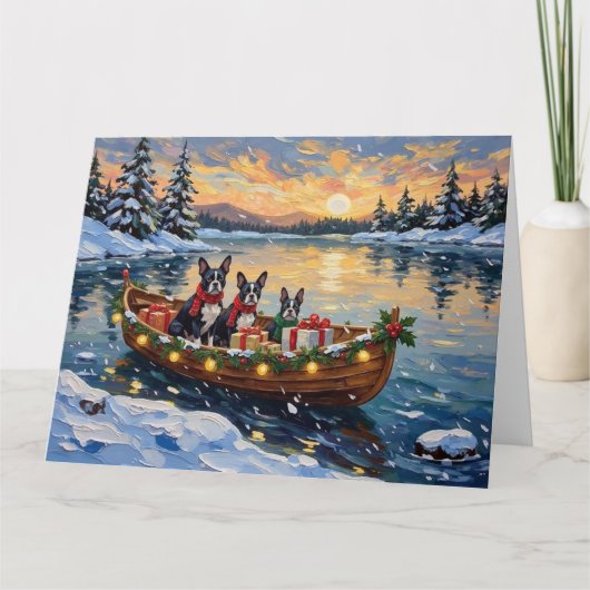 Boston Terrier Weihnachtsboot Urlaub Karte (Vorderseite)
