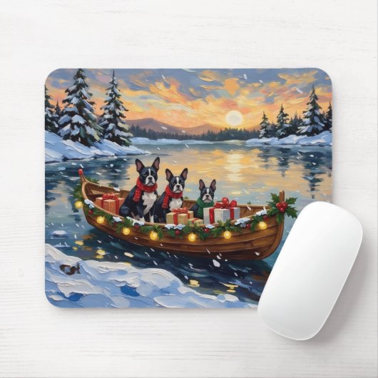 Boston Terrier Weihnachtsboot Urlaub Mousepad (Mit Mouse)