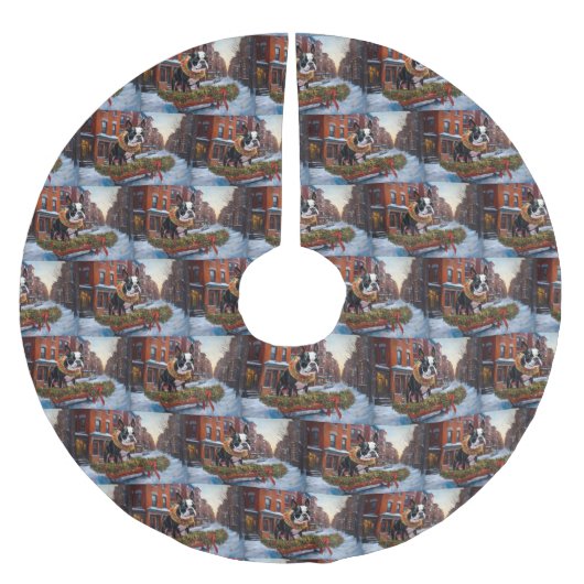 Boston Terrier Weihnachtsfeiertage Polyester Weihnachtsbaumdecke (Vorderseite)