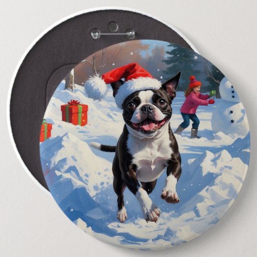 Boston Terrier Weihnachtsfest Schneeszene Button (Vorne & Hinten)