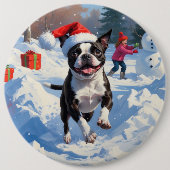 Boston Terrier Weihnachtsfest Schneeszene Button (Vorderseite)
