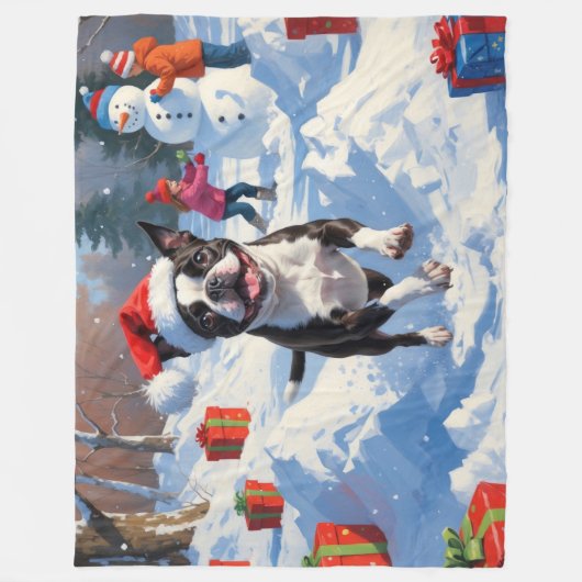 Boston Terrier Weihnachtsfest Schneeszene Fleecedecke (Vorderseite)