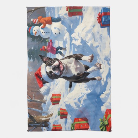 Boston Terrier Weihnachtsfest Schneeszene Geschirrtuch (Vertikal)