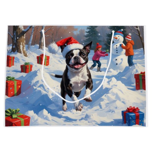 Boston Terrier Weihnachtsfest Schneeszene Große Geschenktüte (Vorderseite)