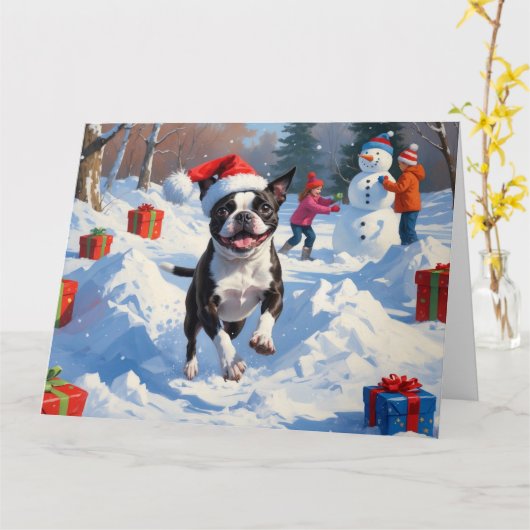 Boston Terrier Weihnachtsfest Schneeszene Karte (Gelbe Blume)