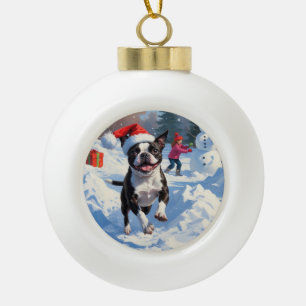 Boston Terrier Weihnachtsfest Schneeszene Keramik Kugel-Ornament