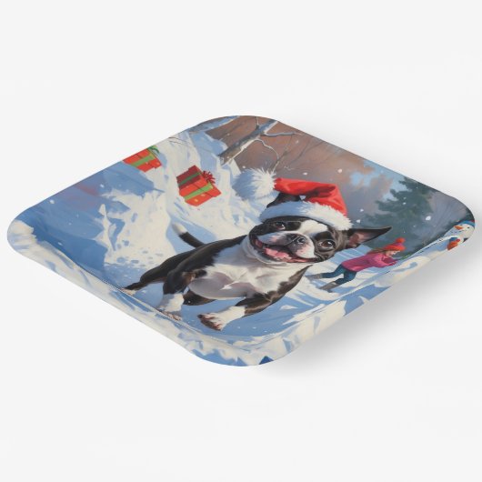 Boston Terrier Weihnachtsfest Schneeszene Pappteller (Gewinkelt)