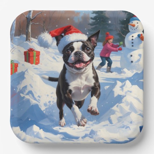 Boston Terrier Weihnachtsfest Schneeszene Pappteller (Vorderseite)