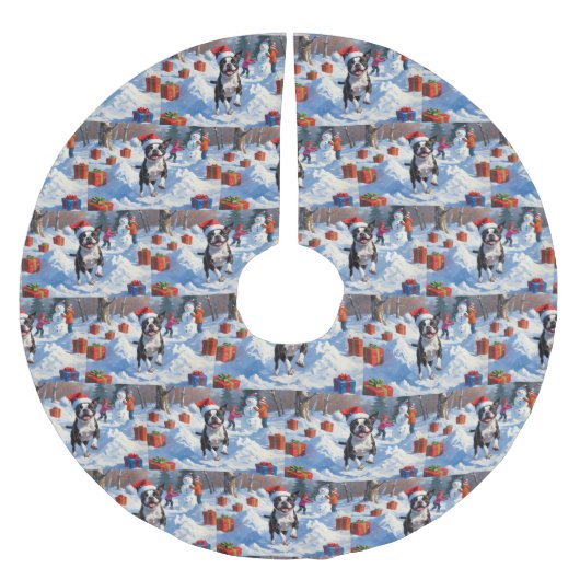 Boston Terrier Weihnachtsfest Schneeszene Polyester Weihnachtsbaumdecke (Vorderseite)