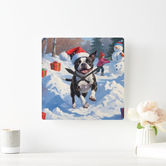 Boston Terrier Weihnachtsfest Schneeszene Quadratische Wanduhr (Zuhause)