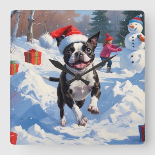 Boston Terrier Weihnachtsfest Schneeszene Quadratische Wanduhr (Vorderseite)