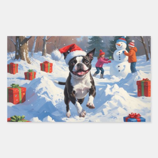 Boston Terrier Weihnachtsfest Schneeszene Rechteckiger Aufkleber (Vorderseite)
