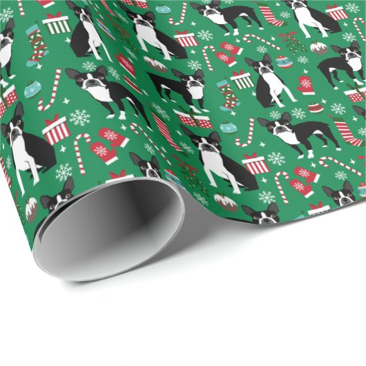 Boston Terrier Weihnachtshundepackpapier Geschenkpapier (Rolleneckpunkt)