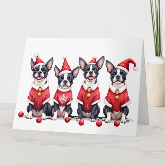 Boston Terrier Weihnachtskleid Santa Hut Karte (Vorderseite)