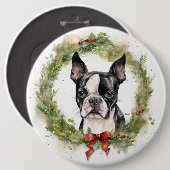 Boston Terrier Weihnachtskranz Festlicher Hund Button (Vorne & Hinten)