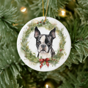 Boston Terrier Weihnachtskranz Festlicher Hund Keramik Ornament