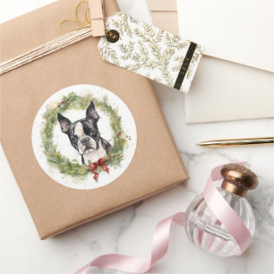 Boston Terrier Weihnachtskranz Festlicher Hund Runder Aufkleber
