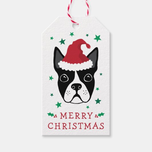 Boston Terrier Weihnachtsmannmütze frohe Weihnacht Geschenkanhänger (Vorderseite)
