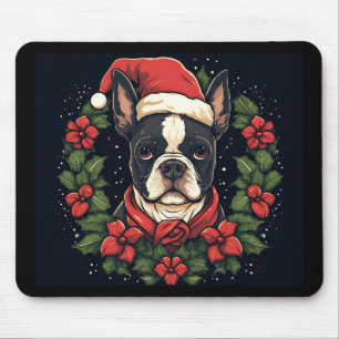 Boston Terrier Weihnachtsmannmütze Holly Christmas Mousepad