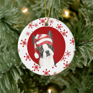 Boston Terrier Weihnachtsmannmütze Red Snowflake Keramik Ornament
