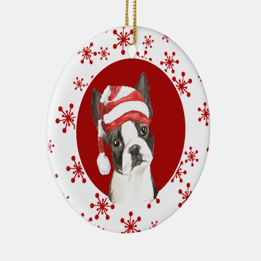 Boston Terrier Weihnachtsmannmütze Red Snowflake Keramik Ornament (Rechts)