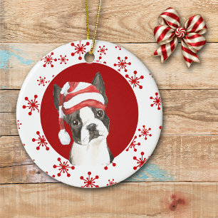 Boston Terrier Weihnachtsmannmütze Rot Schneeflock Keramik Ornament