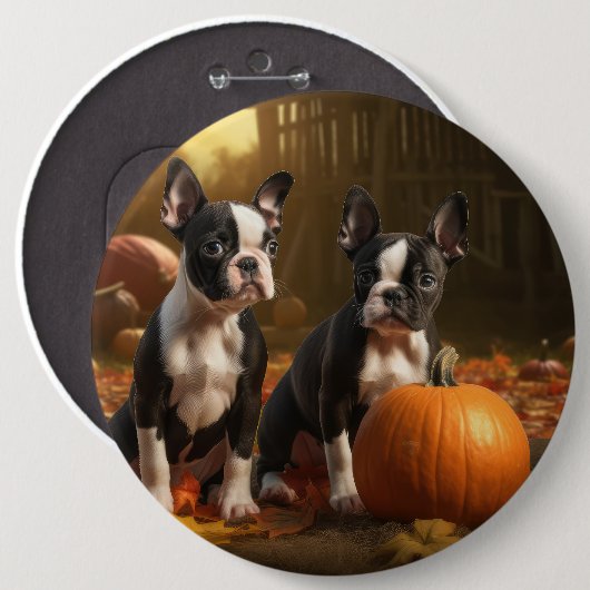 Boston Terrier Welpe Autumn Delight Pumpkin Button (Vorne & Hinten)