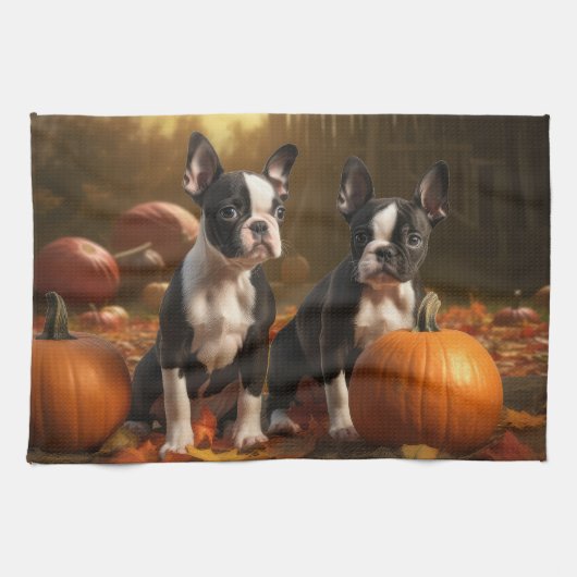 Boston Terrier Welpe Autumn Delight Pumpkin Geschirrtuch (Horizontal)