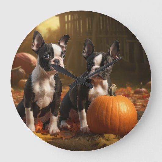 Boston Terrier Welpe Autumn Delight Pumpkin Große Wanduhr (Vorderseite)