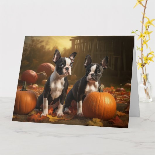 Boston Terrier Welpe Autumn Delight Pumpkin Karte (Gelbe Blume)