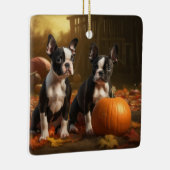 Boston Terrier Welpe Autumn Delight Pumpkin Keramikornament (Rechts)