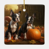 Boston Terrier Welpe Autumn Delight Pumpkin Keramikornament (Rückseite)