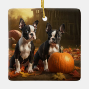 Boston Terrier Welpe Autumn Delight Pumpkin Keramikornament
