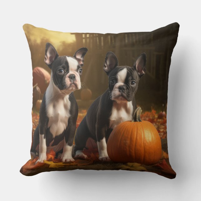Boston Terrier Welpe Autumn Delight Pumpkin Kissen (Vorderseite)