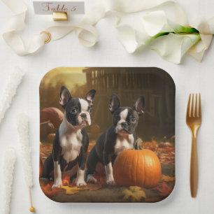 Boston Terrier Welpe Autumn Delight Pumpkin Pappteller