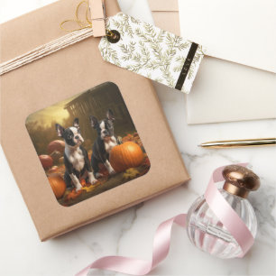 Boston Terrier Welpe Autumn Delight Pumpkin Quadratischer Aufkleber