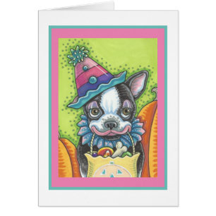 BOSTON TERRIER WELPE, HALLOWEEN CLOWN HUND KARTENV