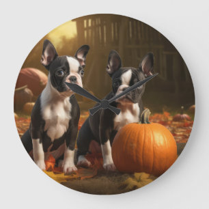 Boston Terrier Welpe Herbstfreude Kürbis Große Wanduhr