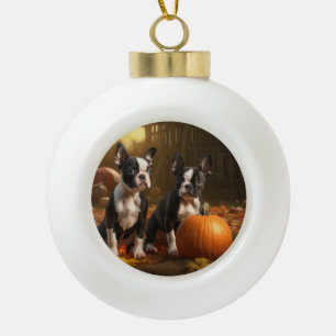 Boston Terrier Welpe Herbstfreude Kürbis Keramik Kugel-Ornament