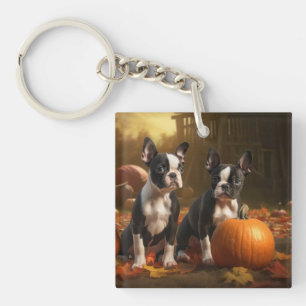 Boston Terrier Welpe Herbstfreude Kürbis Schlüsselanhänger