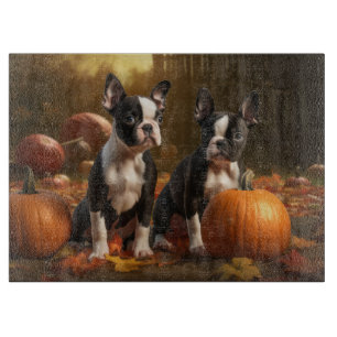 Boston Terrier Welpe Herbstfreude Kürbis Schneidebrett