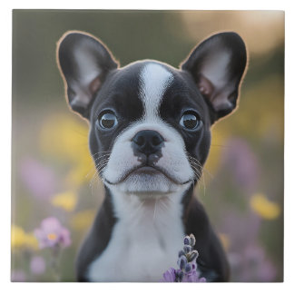 Boston Terrier Welpe Lupinenblumen Fliese