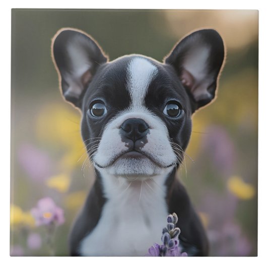 Boston Terrier Welpe Lupinenblumen Fliese (Vorderseite)