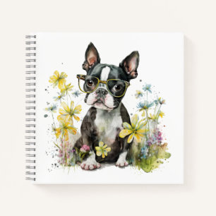 Boston-Terrier-Welpe mit Brille in Wildblumen Notizblock