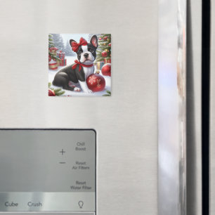 Boston Terrier Welpe mit Weihnachtsdekorationen  Magnet