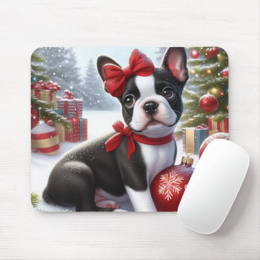 Boston Terrier Welpe mit Weihnachtsgeschmack Mousepad (Mit Mouse)
