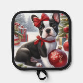 Boston Terrier Welpe mit Weihnachtsgeschmack Topflappen (Vorderseite)