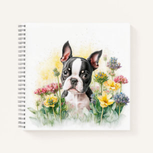 Boston Terrier Welpe umgeben von Wildblumen Notizblock