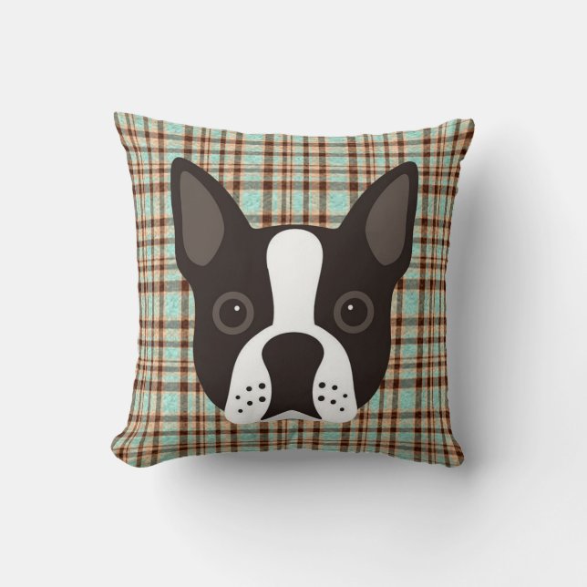 Boston-Terrier-Welpen-HundeTartan kariert Kissen (Vorderseite)