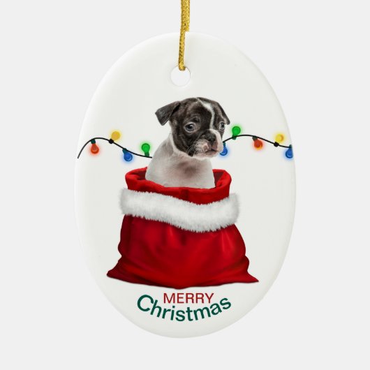 Boston Terrier Welppy in der Geschenktasche Keramik Ornament (Vorne)